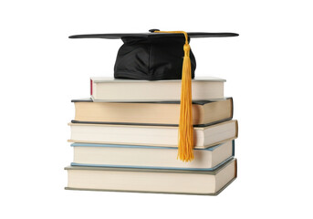 Stack of books with graduation cap isolated on transparent background