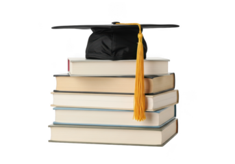 Stack of books with graduation cap isolated on transparent background