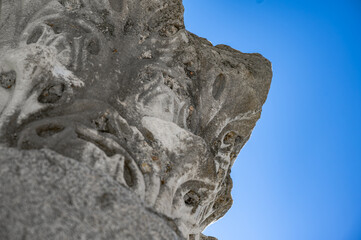 Corinthian column capital in Durres, Albania, showcasing intricate classical architectural details...