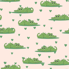 Animal seamless pattern with cartoon crocodiles on color background. Cute holiday illustration with crocodile for baby. Design for invitation, poster, card, fabric, textile, wrapper.