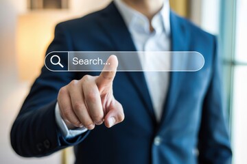 Businessman touching virtual search bar for online information