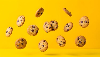 Floating Chocolate Chip Cookies on Yellow Background