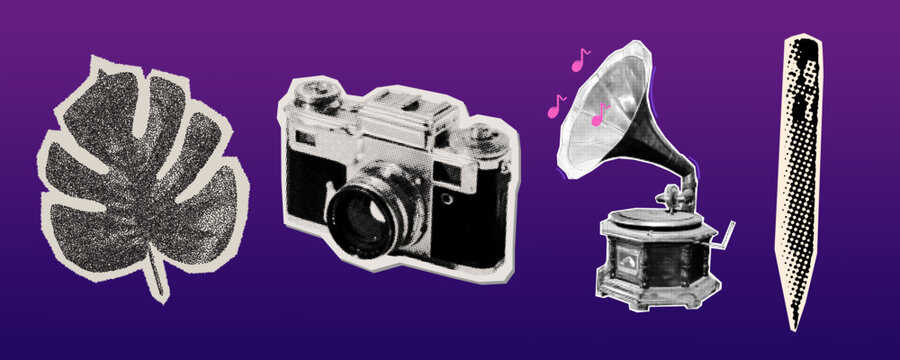 A collection of vintage style objects including a leaf, camera, gramophone, and pencil