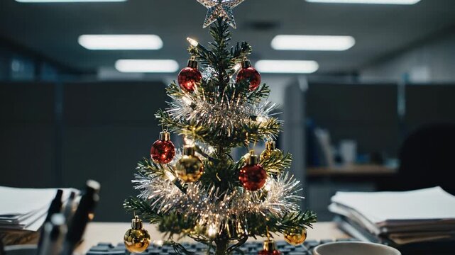 Decorated mini Christmas tree with silver star on an office desk among pens and paper. Christmas holiday season in a workplace.