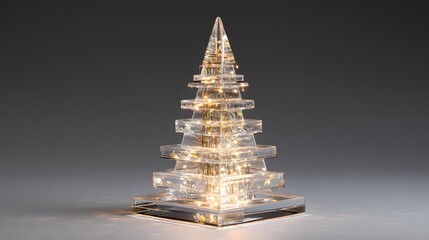 Glass-like Christmas tree structure with embedded micro-LED lights, shimmering glow, and reflective surfaces in an elegant futuristic decoration