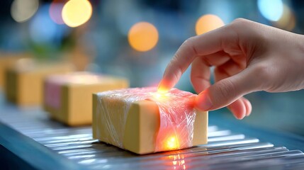 Hand selecting glowing wrapped package on conveyor belt in warehouse