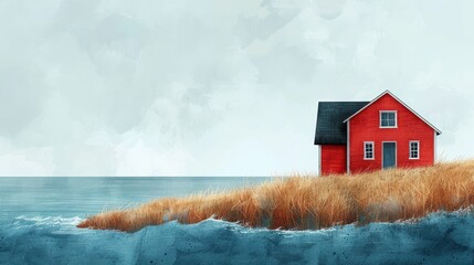 The natural scenery of the red house by the sea