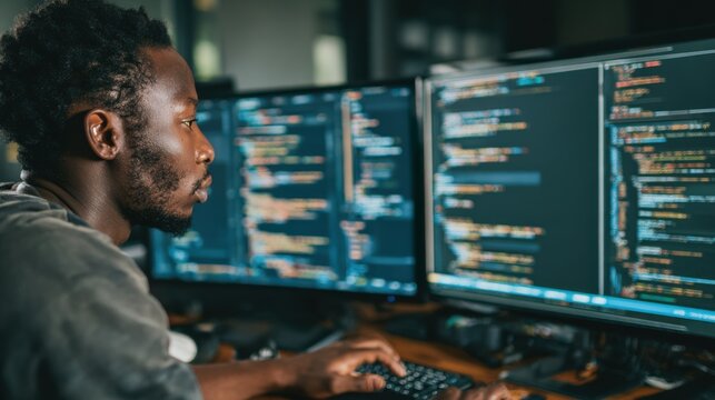 Focused medium shot of a software engineer debugging code to optimize the performance of automated web scraping tools.