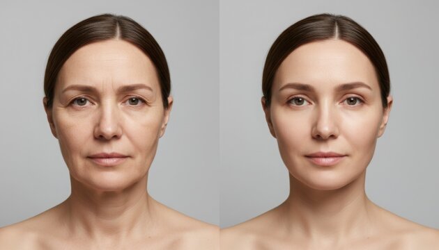 Before and after cosmetic procedure comparison showing female face with wrinkles lines on left and smoother younger skin on right