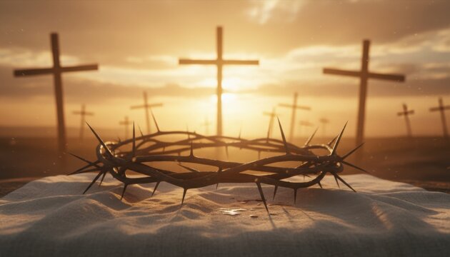 Crown of thorns lies on linen cloth with blood drops before multiple wooden crosses on hill at sunset symbolizing Jesus Christ crucifixion and Christian faith Easter or Lent - Powered by Adobe
