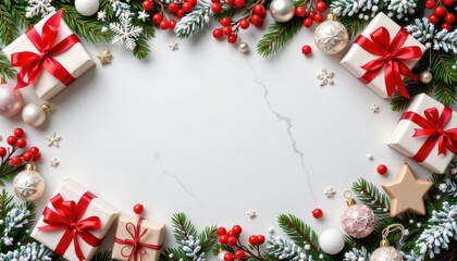 Festive Holiday Arrangement with Presents, Decorations, and Greenery on a Marble Background for Seasonal Celebrations