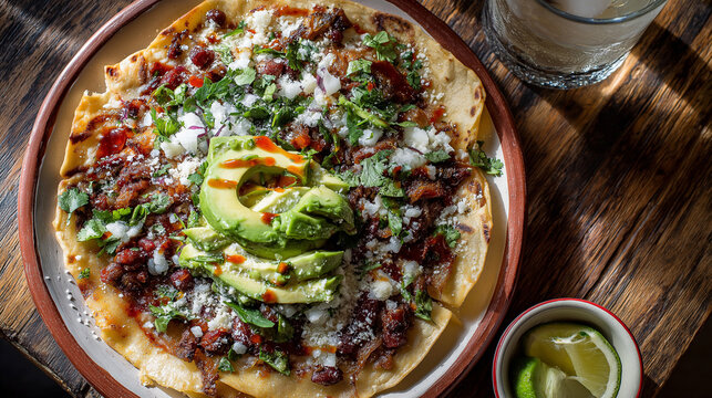Large Oaxacan Mexican tlayuda with crispy tortilla base, beans, cheese, avocado, and meat, rustic table setup, overhead composition