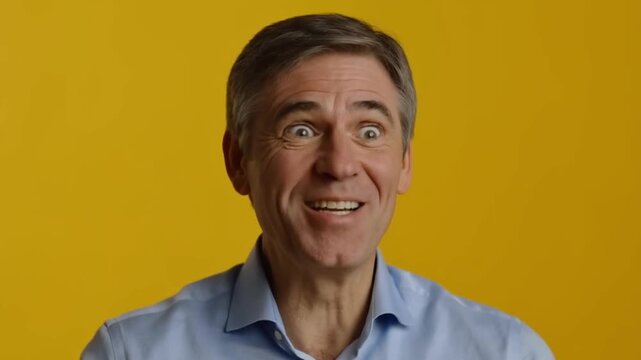 A man shows surprise expression with his eyes wide open, smiling at the camera, wearing a blue shirt. The background is a plain yellow color. Stock Video