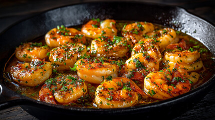 Fototapeta premium Mexican camarones al ajillo shrimp sautéed in garlic butter sauce, served hot with herbs, elegant skillet presentation
