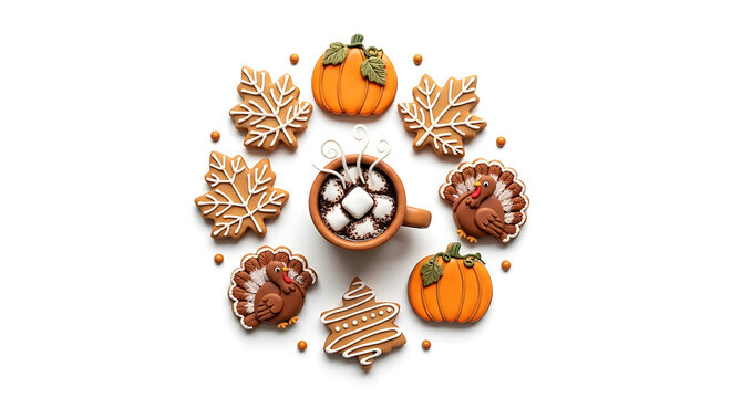 Autumnal hot chocolate with marshmallows and pumpkin spice cookies on white background, fall seasonal food and drink concept with warm cozy treats