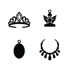 Collection of black jewelry icons including tiara pendant necklace and award crown ©  printhousedhaka1971