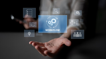 Workflow optimization concept featuring interconnected gears, task management, collaboration, process mapping, review, and automation for business productivity and efficiency Latch