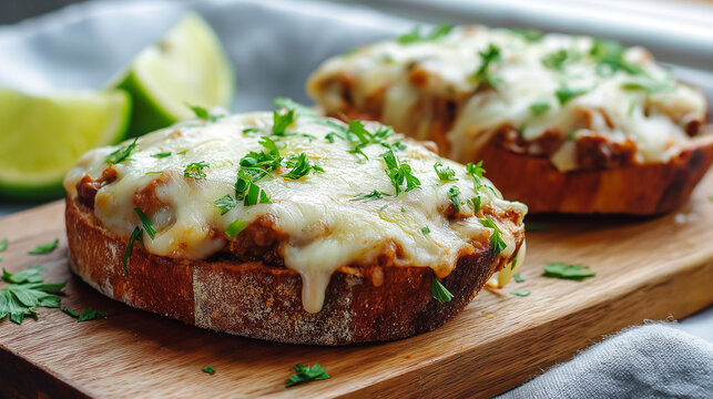 Mexican molletes open-faced bread topped with refried beans and melted cheese, simple styling