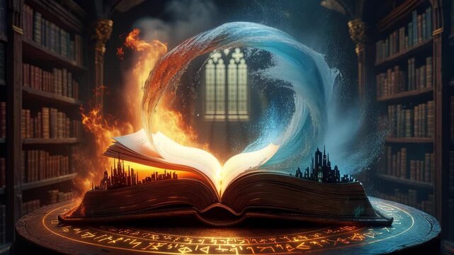 Open book rests on a rune-engraved table in a dim library as fiery and icy magic swirl upward into a circular vortex while miniature city silhouettes emerge and glowing runes and smoke add mystical ci