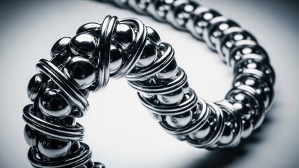Polished metal balls interlocked with wires in a curved, abstract form