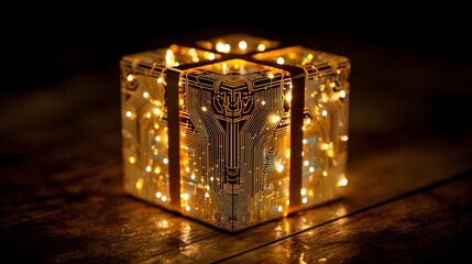 Gold-glowing gift box with subtle circuit patterns and elegant festive reflections under luxurious warm futuristic Christmas lighting