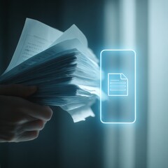 Digital Document Management: A Hand Holding Printed Papers with a Touch Icon Representing File Uploading and Organization
