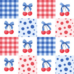 plaid and polka dot seamless patchwork pattern bow ribbon. Tartan check for tablecloths, napkins, clothes, packaging. Cute childish vector background, pastel palette, girlish, red and blue