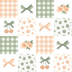 hounds tooth seamless patchwork pattern bow ribbon. Tartan check for tablecloths, napkins, clothes, packaging. Cute childish vector background, pastel palette, girlish, vintage, boho