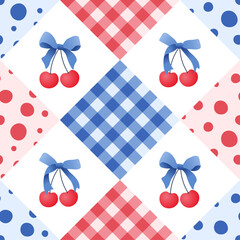 plaid and polka dot seamless patchwork pattern bow ribbon. Tartan check for tablecloths, napkins, clothes, packaging. Cute childish vector background, pastel palette, girlish, red and blue