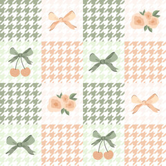 plaid polka dot seamless patchwork pattern bow and cherry. Tartan check for tablecloths, napkins, clothes, packaging. Cute childish vector background, pastel palette, girlish, rose flower
