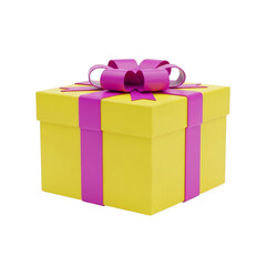 Obraz premium Beautiful yellow gift box with pink ribbon isolated on transparent background