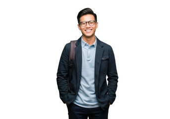 Fototapeta premium Young man smiling with backpack isolated on transparent background