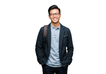 Young man smiling with backpack isolated on transparent background