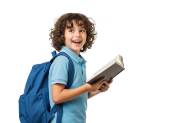 Young boy holding book and backpack isolated on transparent background