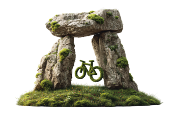 Ancient stone monument frames a vibrant green bicycle made of foliage on transparent background
