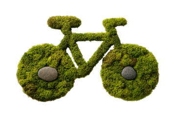 Bicycle shape made of vibrant green moss with stone accents on transparent background