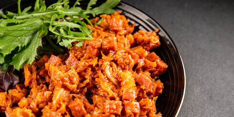 Stewed cabbage with ham cube tomato sauce braised cabbage vegetable food main course ingredient appetizer fresh tasty table setting gourmet food background on the table rustic food top view copy space