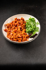 Stewed cabbage with ham cube tomato sauce braised cabbage vegetable food main course ingredient appetizer fresh tasty table setting gourmet food background on the table rustic food top view copy space