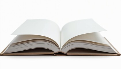 Fototapeta premium Open book with blank pages on white background, paper texture visible, perfect for creative writing or educational content. Simple clean object.