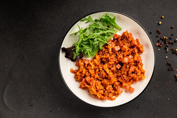 Stewed cabbage with ham cube tomato sauce braised cabbage vegetable food main course ingredient appetizer fresh tasty table setting gourmet food background on the table rustic food top view copy space