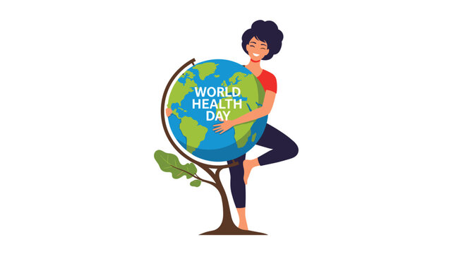Woman in a yoga pose hugging a globe to celebrate World Health Day, promoting global wellness, health, and environmental care. - Powered by Adobe