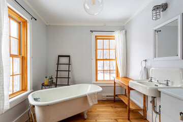 Bright vintage bathroom interior with freestanding bathtub, wooden floor, sink and natural light