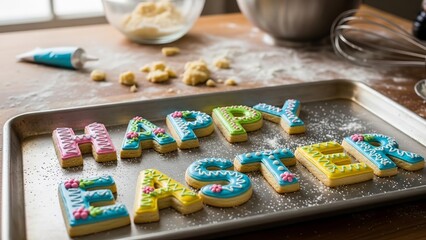Colorful alphabet cookies on baking tray with decorations