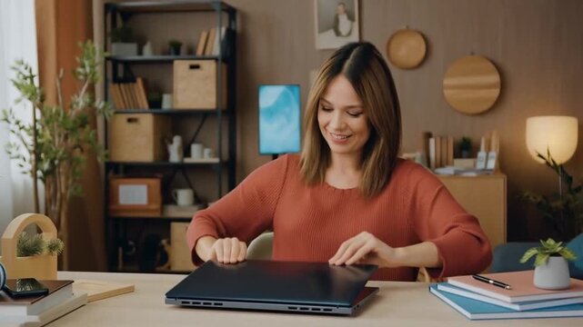 A woman opening laptop in her office Stock Video