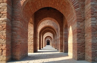 Obraz premium Rows of arched brick columns create long symmetrical corridor with light, shadow patterns on paved walkway. Ancient architectural structure recedes into distance, offering sense of depth, history.