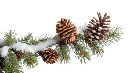 Festive Christmas garland of snow-tipped evergreen branches, natural pinecones and colorful glowing lights creating a bright holiday border on white background. png