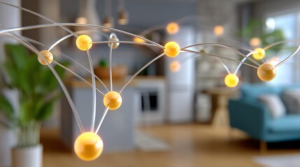 Modern living room with atomic pendant light fixture and blurred background