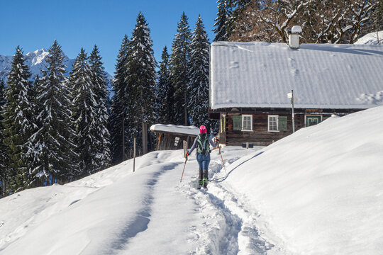 Germany, Bavaria, Allgaeu, Kleinwalsertal, woman ski mountaineering in front of dreamy winter landscape