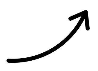 Black curved upward arrow. Growth direction pointer symbol. Positive progress trend indicator. Minimal arrow element on transparent background