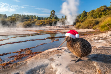 Kiwi bird wearing Santa Claus hat sits near majestic geysers, geothermal area of Rotorua, New Zealand. Christmas and New Year greeting card design.   